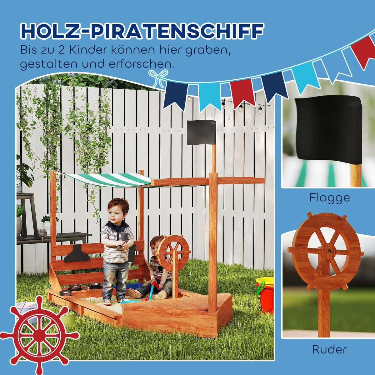 Sandpit Large Sandpit with Cover in Ship Design Mud Box Made of Wood Sailing Ship Playhouse with Kitchen Playset Storage for Children 3-7 Years Orange 180 x 103 x 144.5 cm