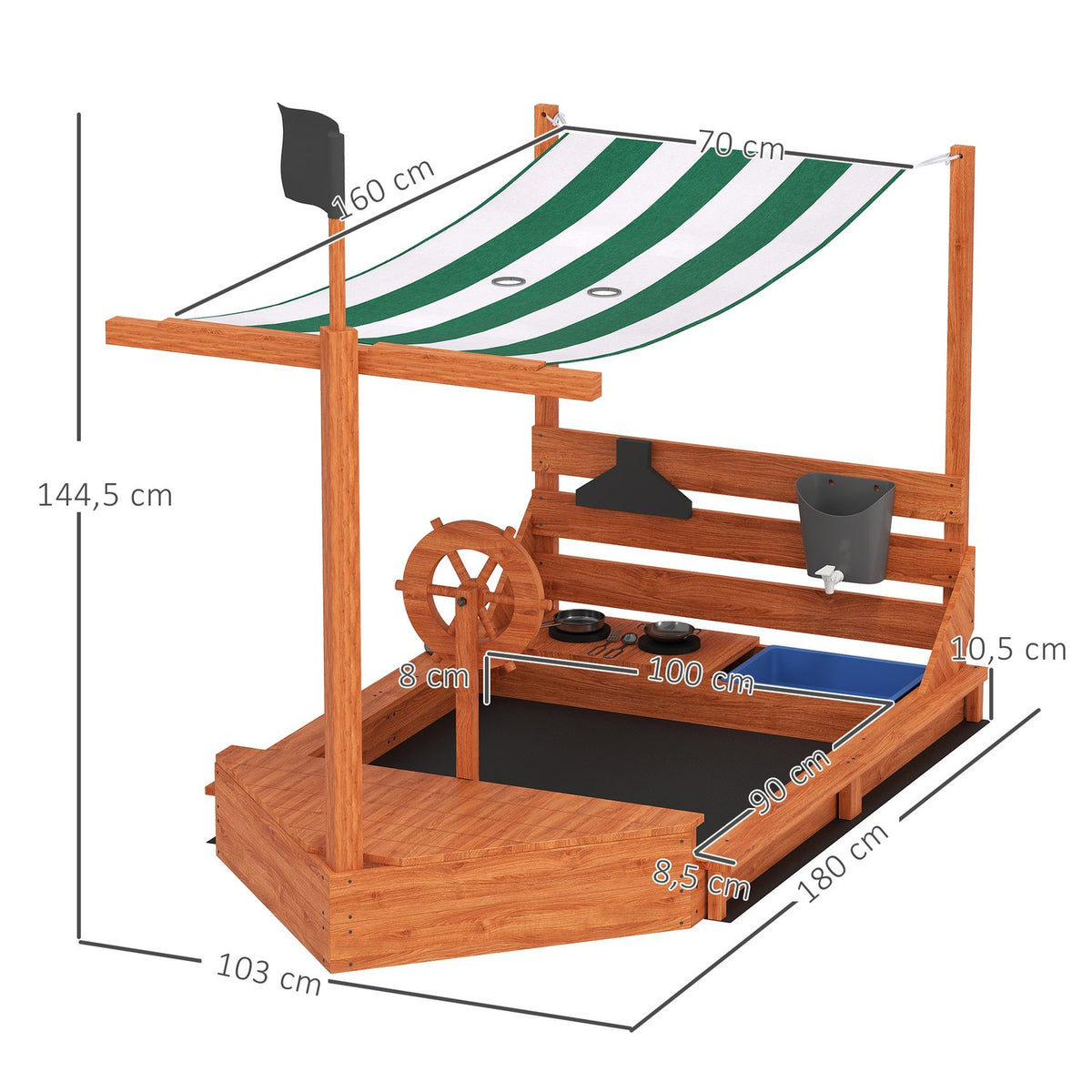 Sandpit Large Sandpit with Cover in Ship Design Mud Box Made of Wood Sailing Ship Playhouse with Kitchen Playset Storage for Children 3-7 Years Orange 180 x 103 x 144.5 cm