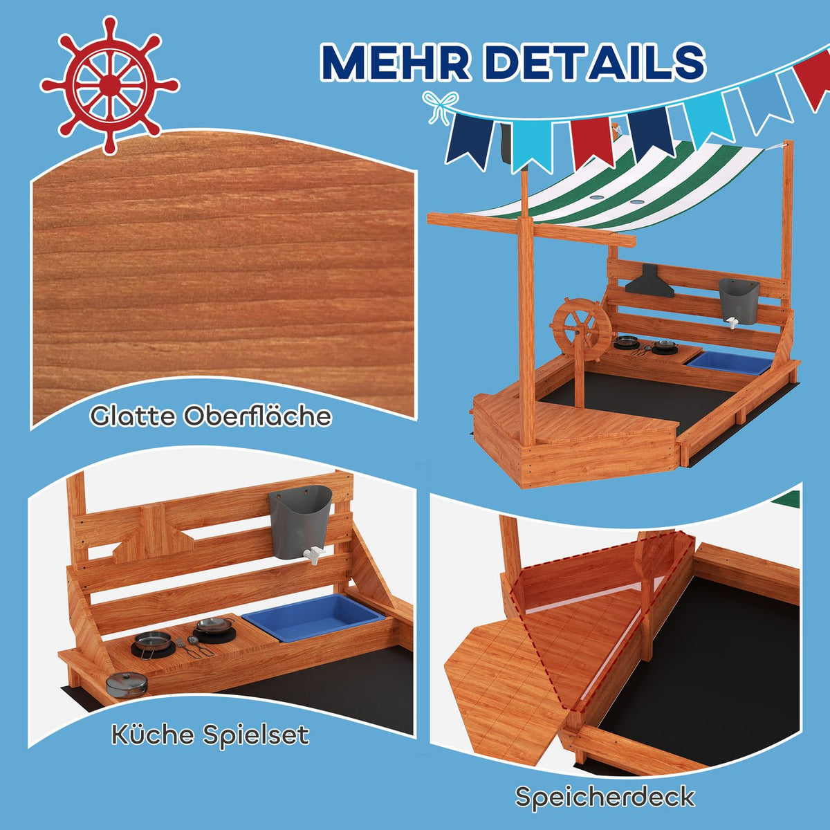 Sandpit Large Sandpit with Cover in Ship Design Mud Box Made of Wood Sailing Ship Playhouse with Kitchen Playset Storage for Children 3-7 Years Orange 180 x 103 x 144.5 cm