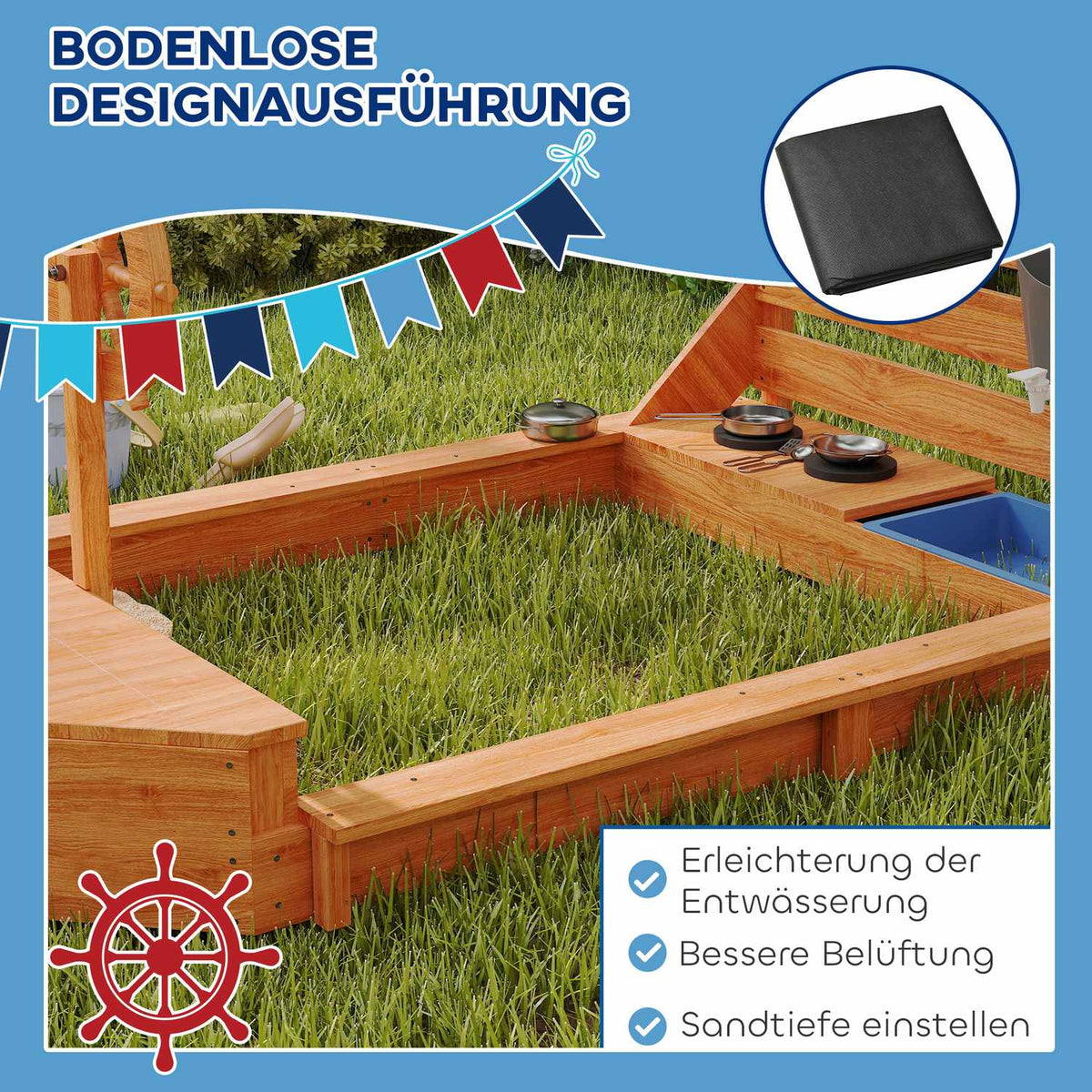Sandpit Large Sandpit with Cover in Ship Design Mud Box Made of Wood Sailing Ship Playhouse with Kitchen Playset Storage for Children 3-7 Years Orange 180 x 103 x 144.5 cm