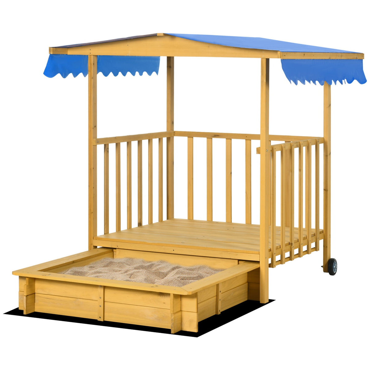Sandpit With Roof, Wooden Sandbox With Playhouse, Wheels, For 3-8 Years, 133X129X137.5Cm, Garden, Natural