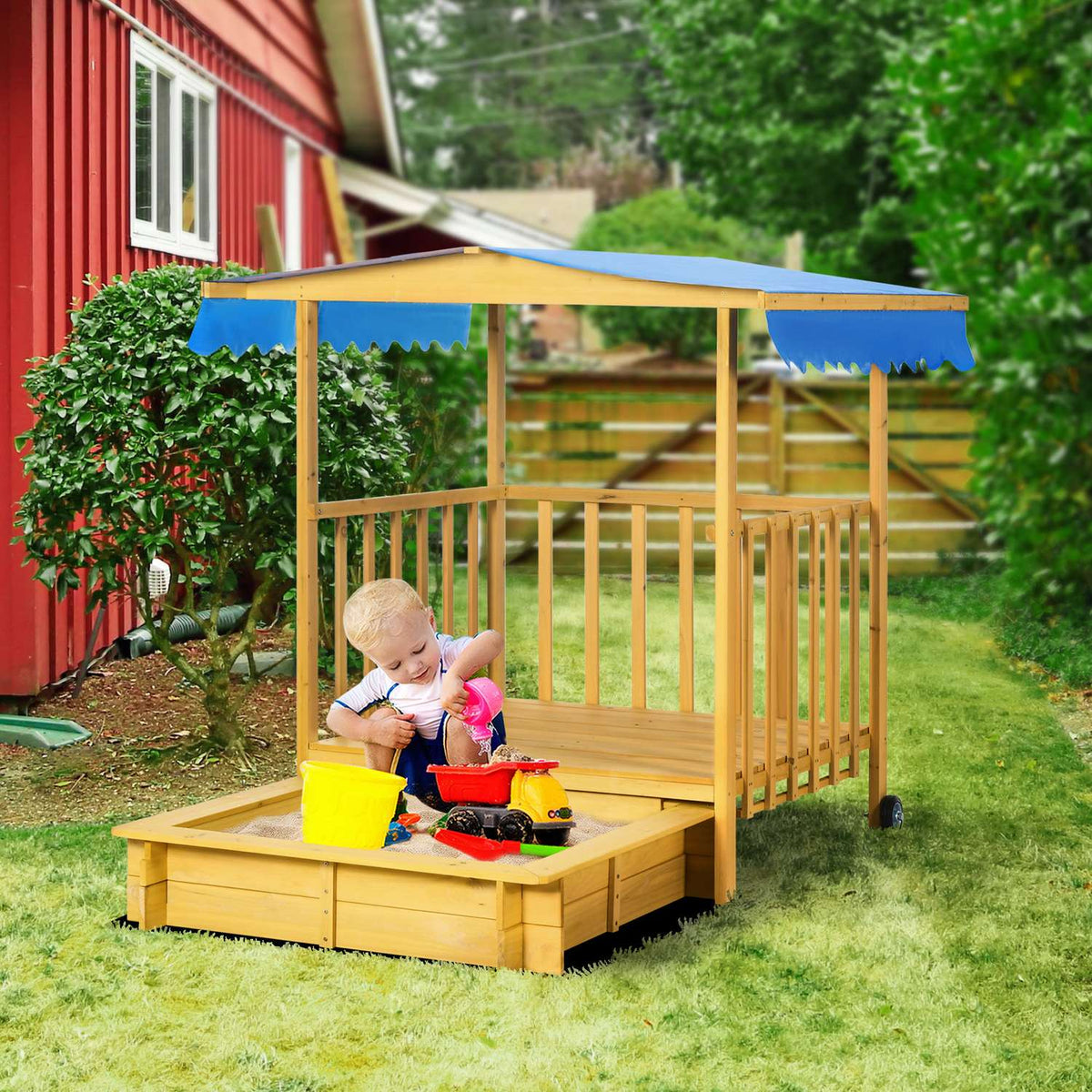 Sandpit With Roof, Wooden Sandbox With Playhouse, Wheels, For 3-8 Years, 133X129X137.5Cm, Garden, Natural