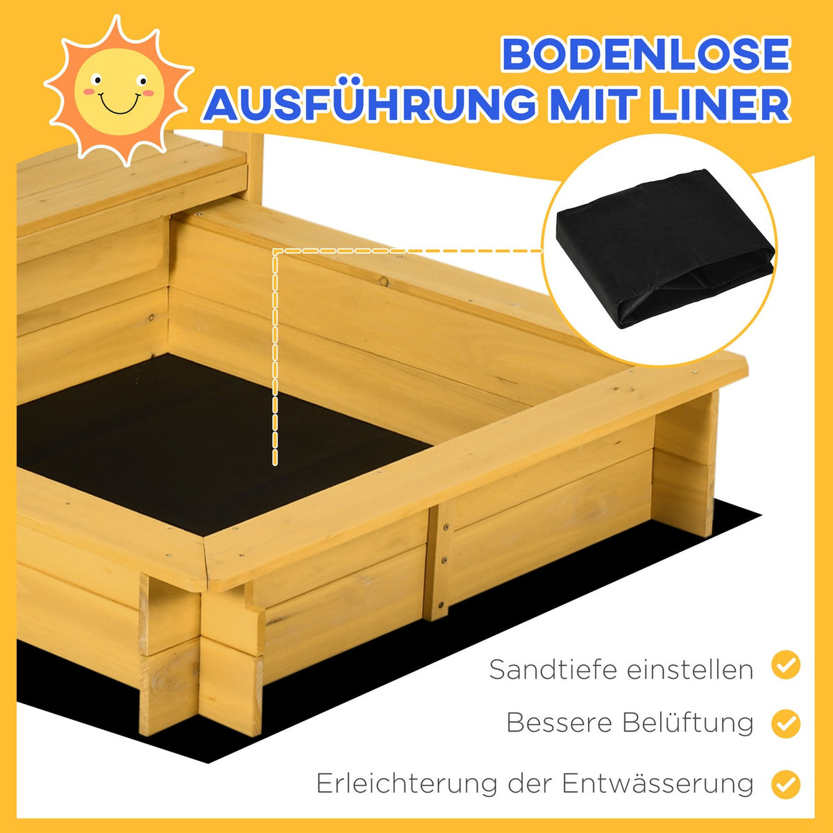 Sandpit With Roof, Wooden Sandbox With Playhouse, Wheels, For 3-8 Years, 133X129X137.5Cm, Garden, Natural