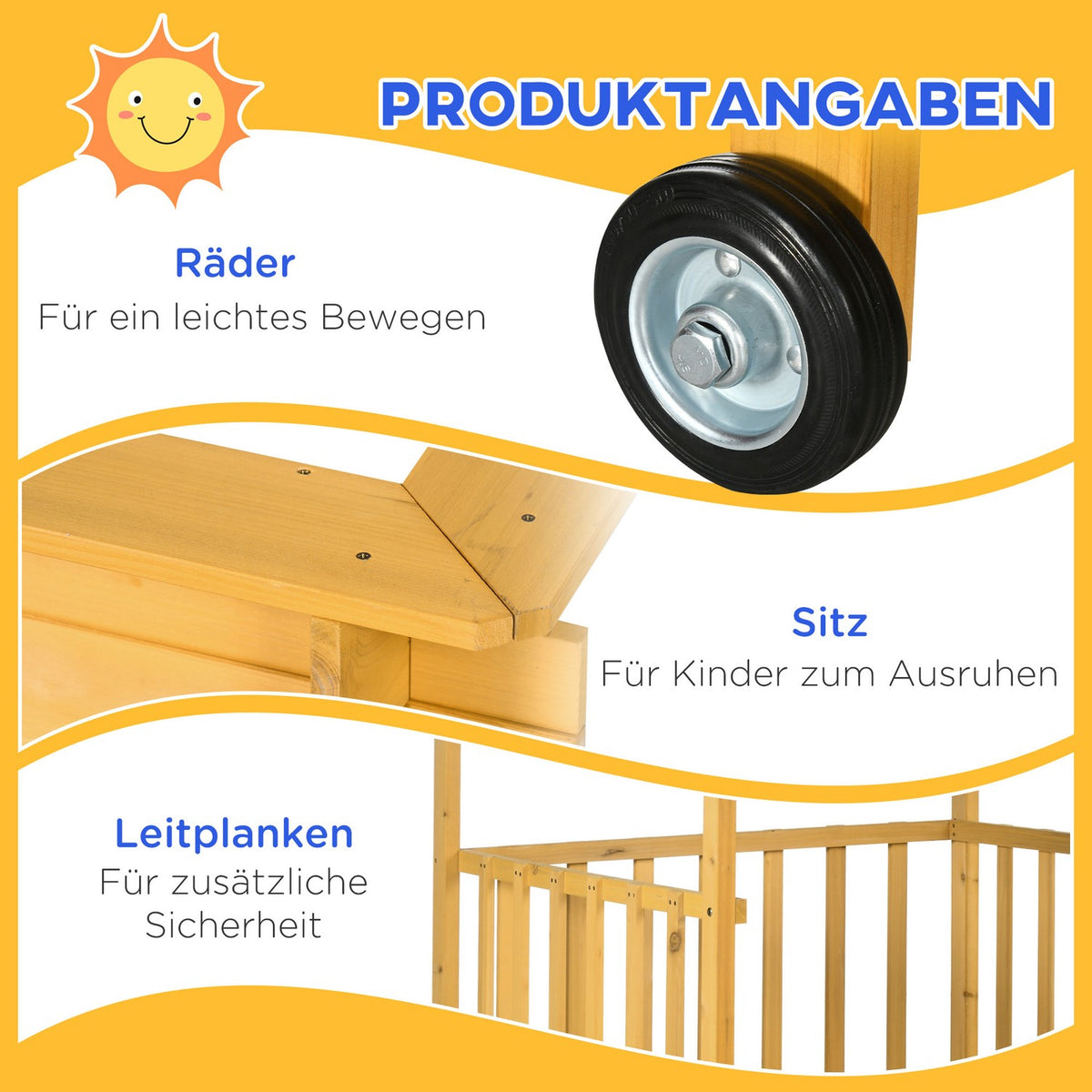 Sandpit With Roof, Wooden Sandbox With Playhouse, Wheels, For 3-8 Years, 133X129X137.5Cm, Garden, Natural