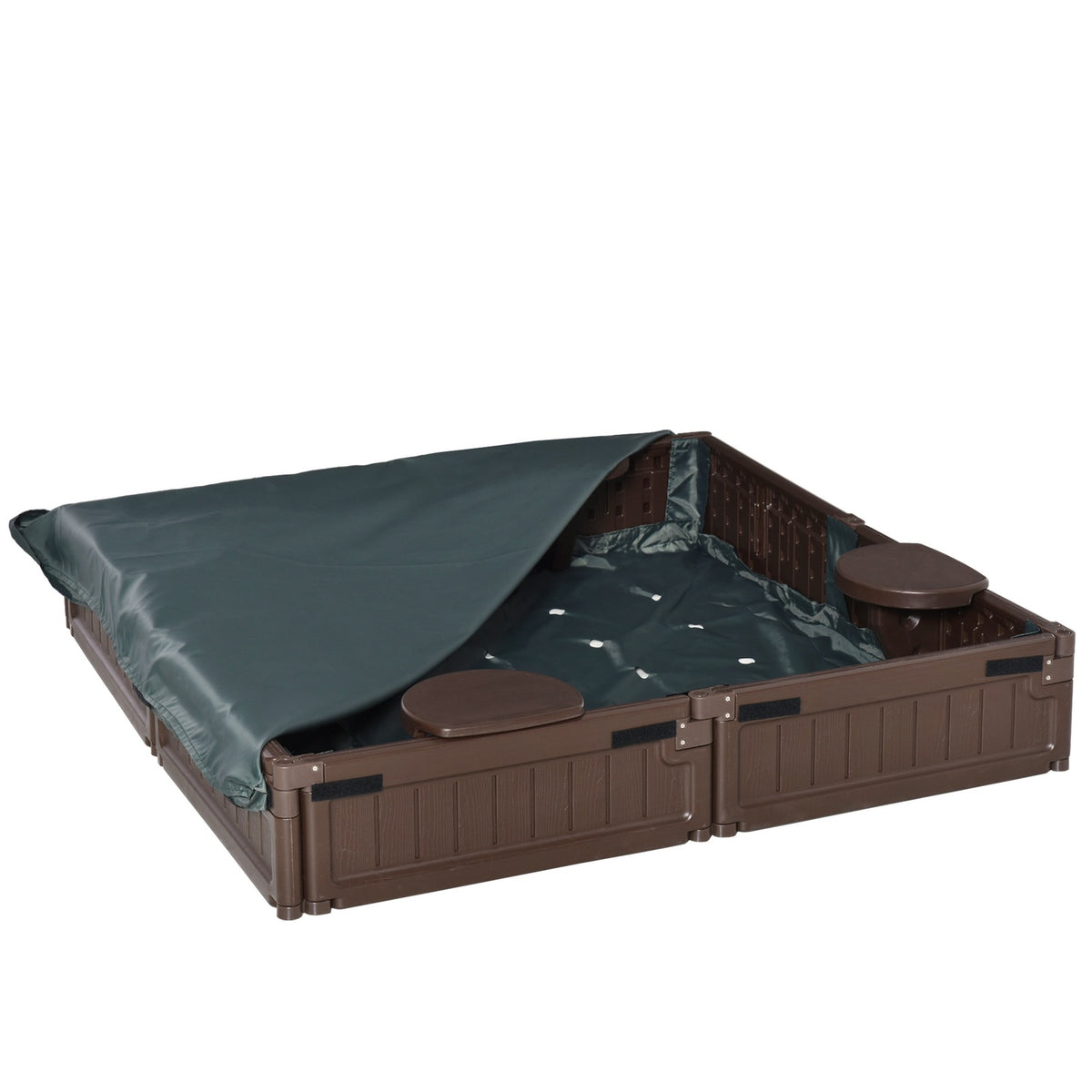 Sandpit sandbox 4 seater with groundsheet and tarpaulin for children 3-12 years, HDPE, 123x123x21 cm, brown