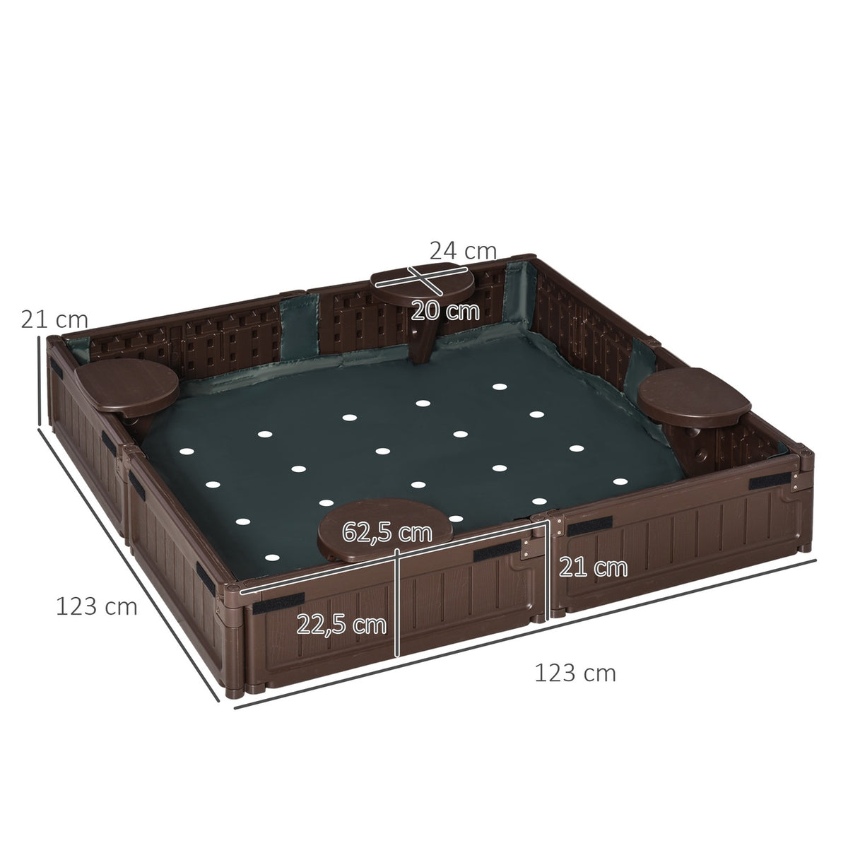 Sandpit sandbox 4 seater with groundsheet and tarpaulin for children 3-12 years, HDPE, 123x123x21 cm, brown