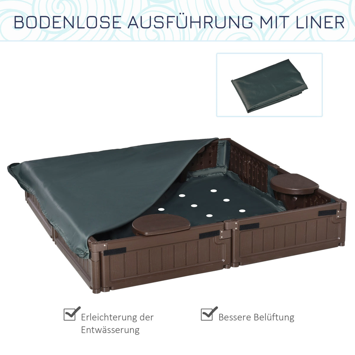 Sandpit sandbox 4 seater with groundsheet and tarpaulin for children 3-12 years, HDPE, 123x123x21 cm, brown