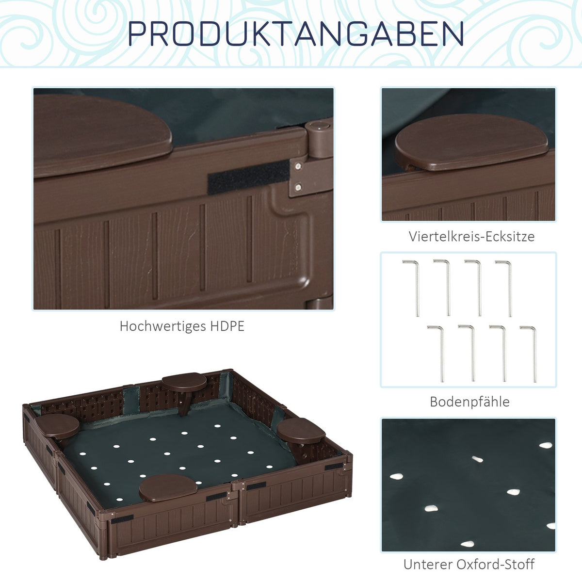 Sandpit sandbox 4 seater with groundsheet and tarpaulin for children 3-12 years, HDPE, 123x123x21 cm, brown