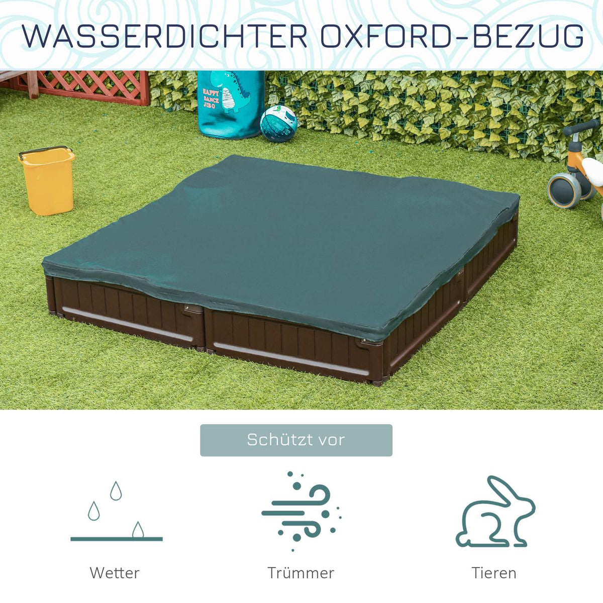 Sandpit sandbox 4 seater with groundsheet and tarpaulin for children 3-12 years, HDPE, 123x123x21 cm, brown