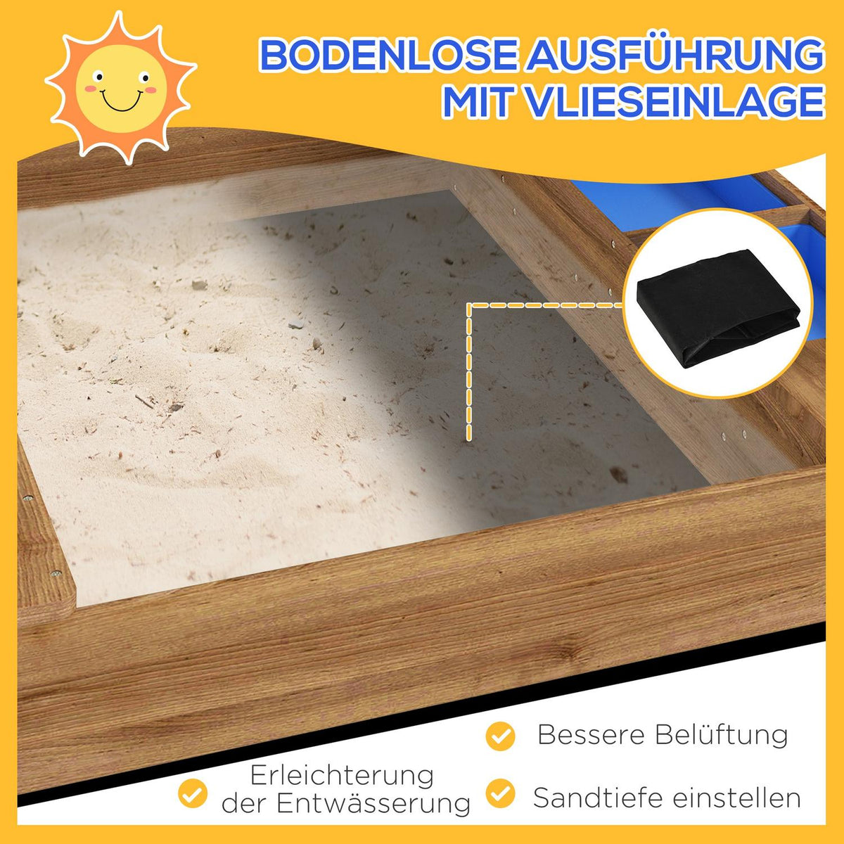 Sandpit with Roof Wooden Sandbox with Seat and Board for 3-7 Years 124x116x146cm Garden Playhouse Brown