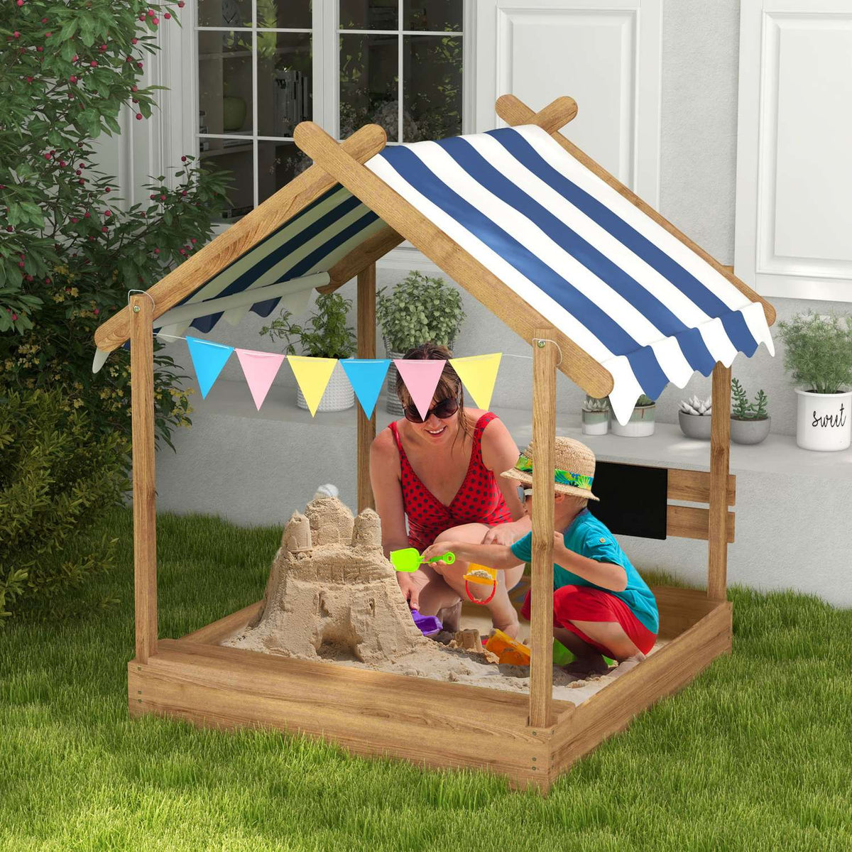 Sandpit with Roof Wooden Sandbox with Seat and Board for 3-7 Years 124x116x146cm Garden Playhouse Brown