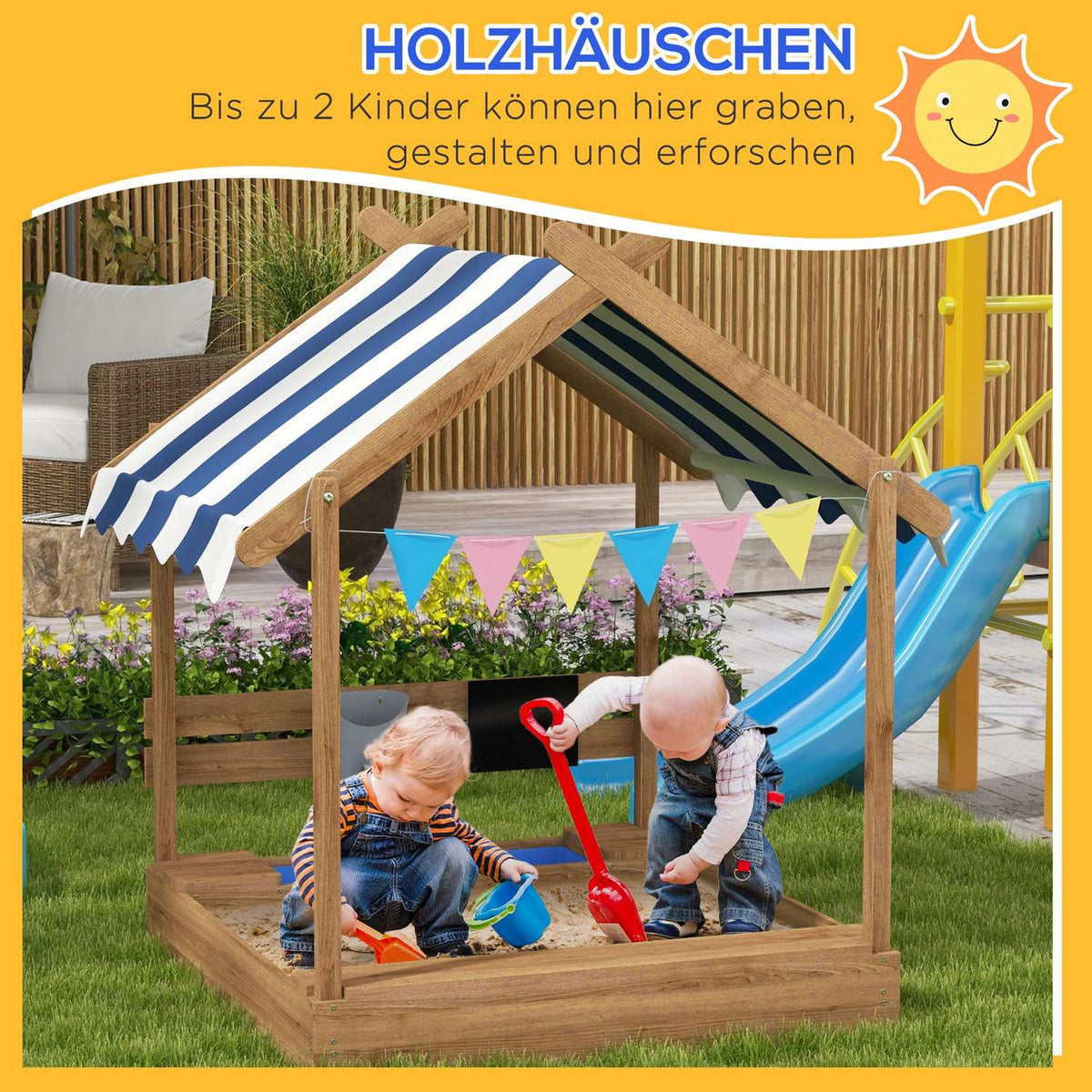 Sandpit with Roof Wooden Sandbox with Seat and Board for 3-7 Years 124x116x146cm Garden Playhouse Brown