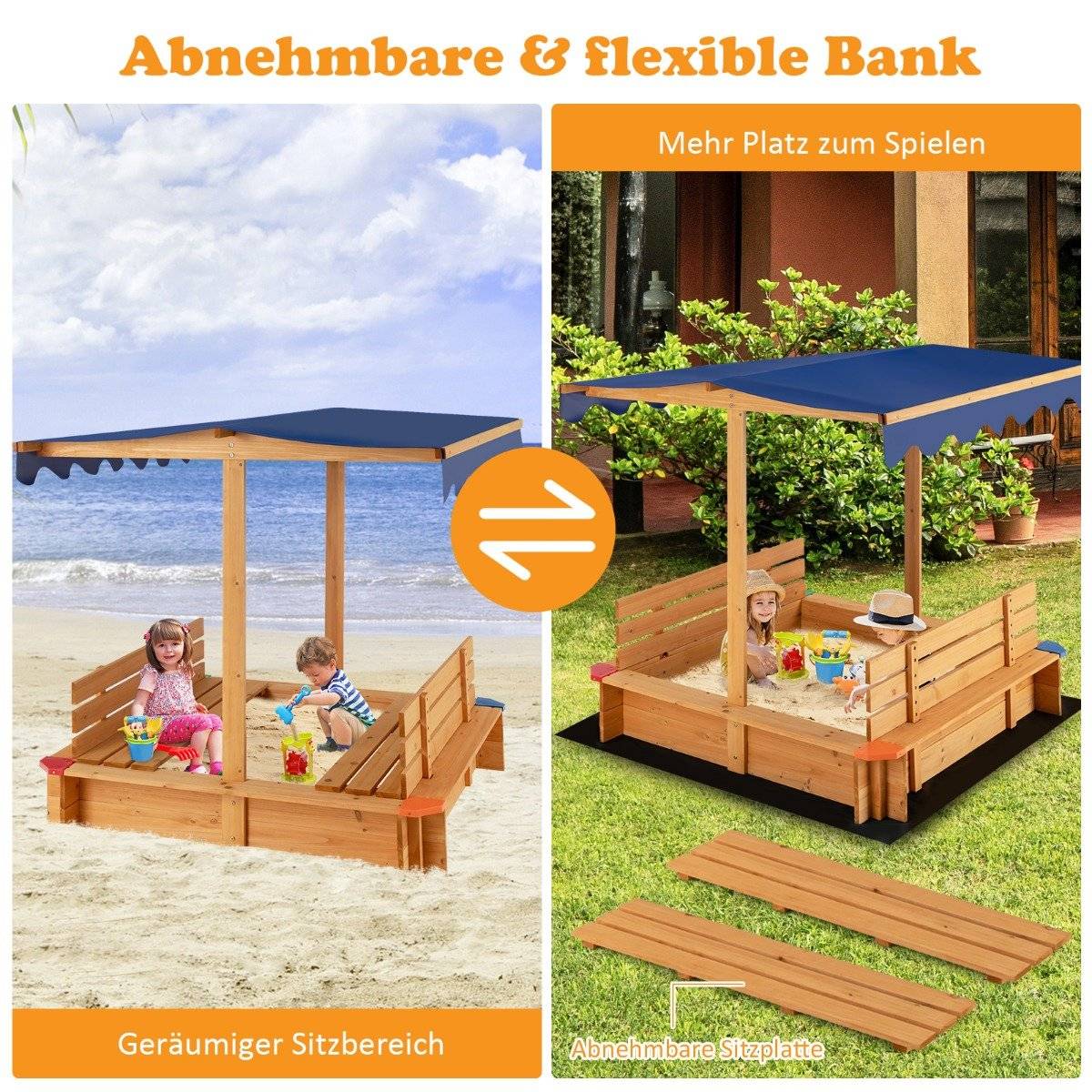 Sandpit with roof 120 x 120 cm sandpit made of cedar wood sandbox large with 2 convertible benches natural