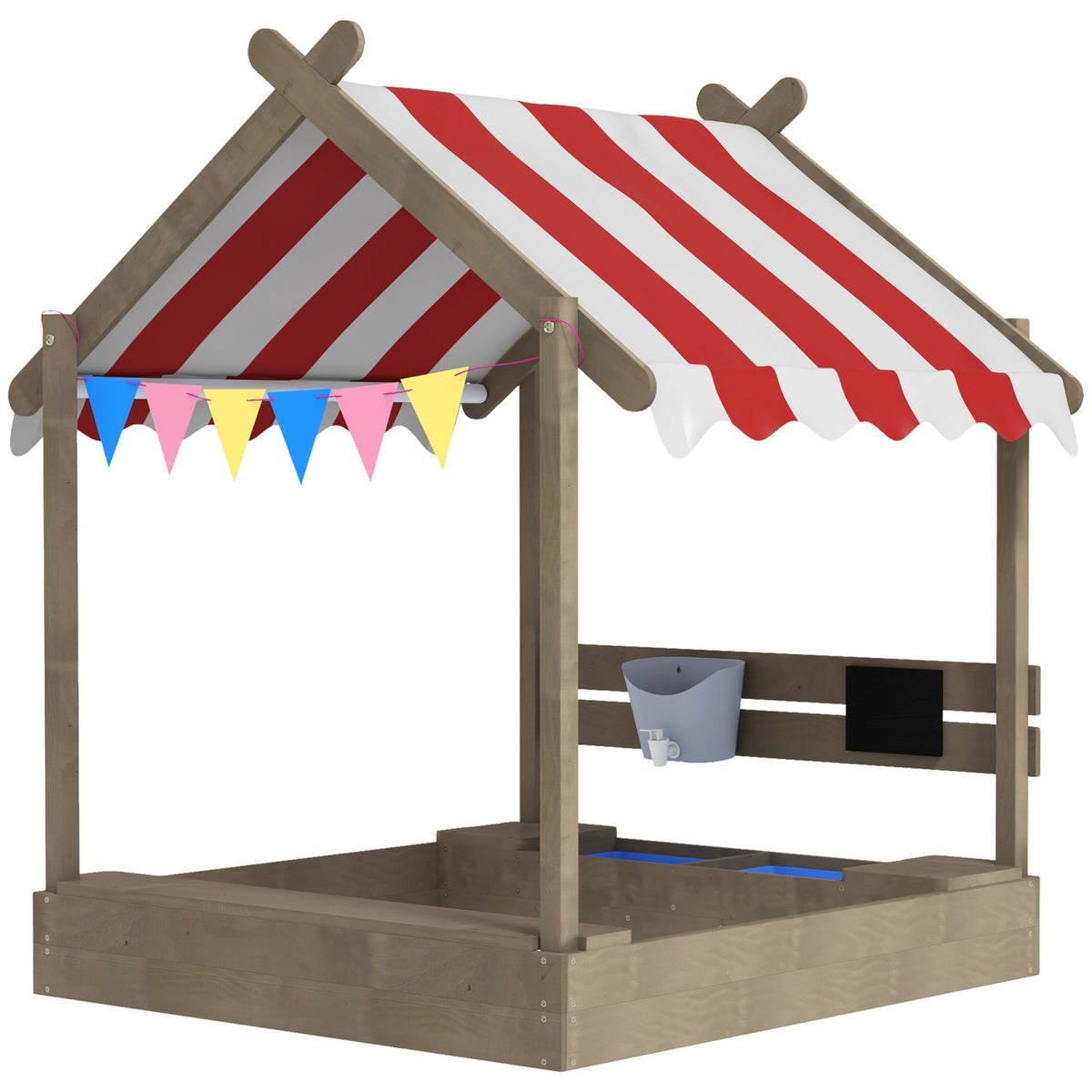 Sandpit with roof, wooden sandpit with seat, playhouse, 124 x 116 x 146 cm sandbox with board for 3-7 years children, garden, gray