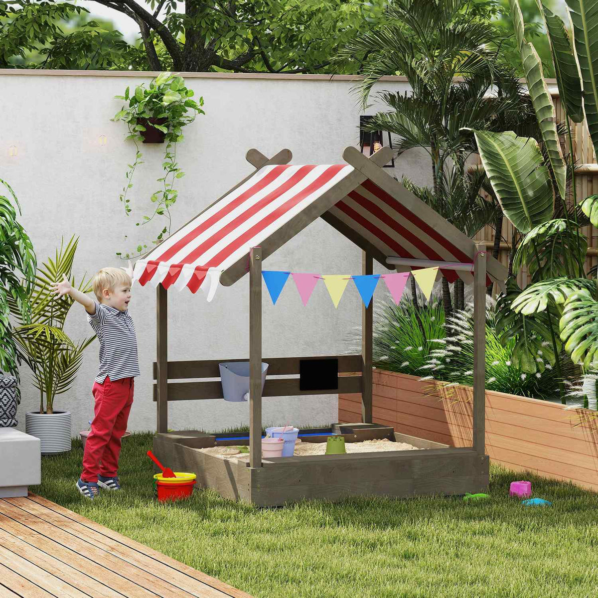 Sandpit with roof, wooden sandpit with seat, playhouse, 124 x 116 x 146 cm sandbox with board for 3-7 years children, garden, gray