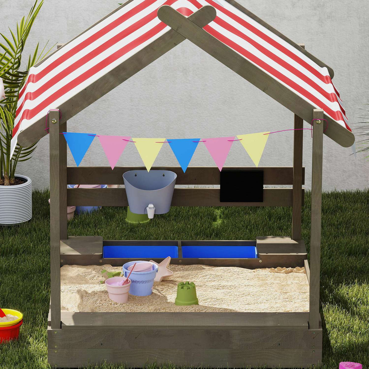 Sandpit with roof, wooden sandpit with seat, playhouse, 124 x 116 x 146 cm sandbox with board for 3-7 years children, garden, gray