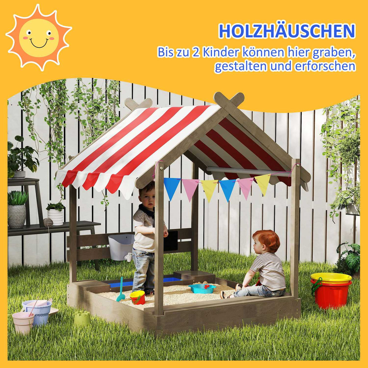 Sandpit with roof, wooden sandpit with seat, playhouse, 124 x 116 x 146 cm sandbox with board for 3-7 years children, garden, gray