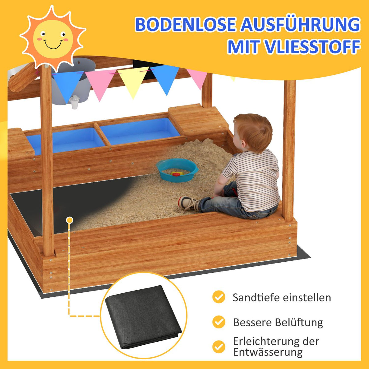 Sandpit with roof, wooden sandpit with seat, playhouse, 124 x 116 x 146 cm sandbox with board for 3-7 years children, garden, orange