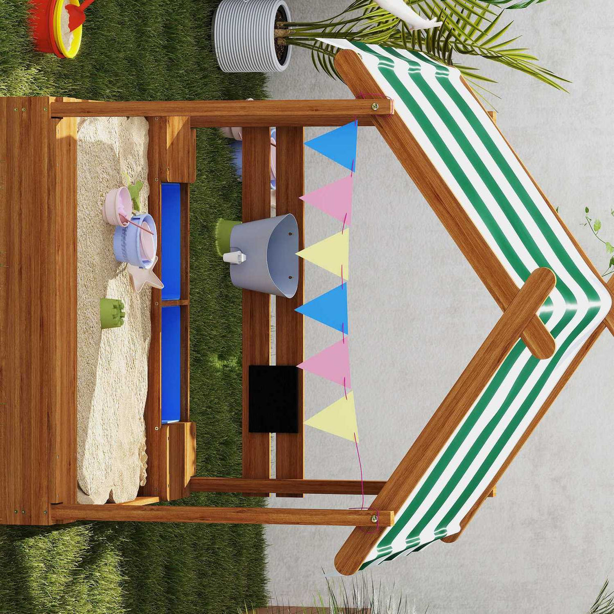 Sandpit with roof, wooden sandpit with seat, playhouse, 124 x 116 x 146 cm sandbox with board for 3-7 years children, garden, orange
