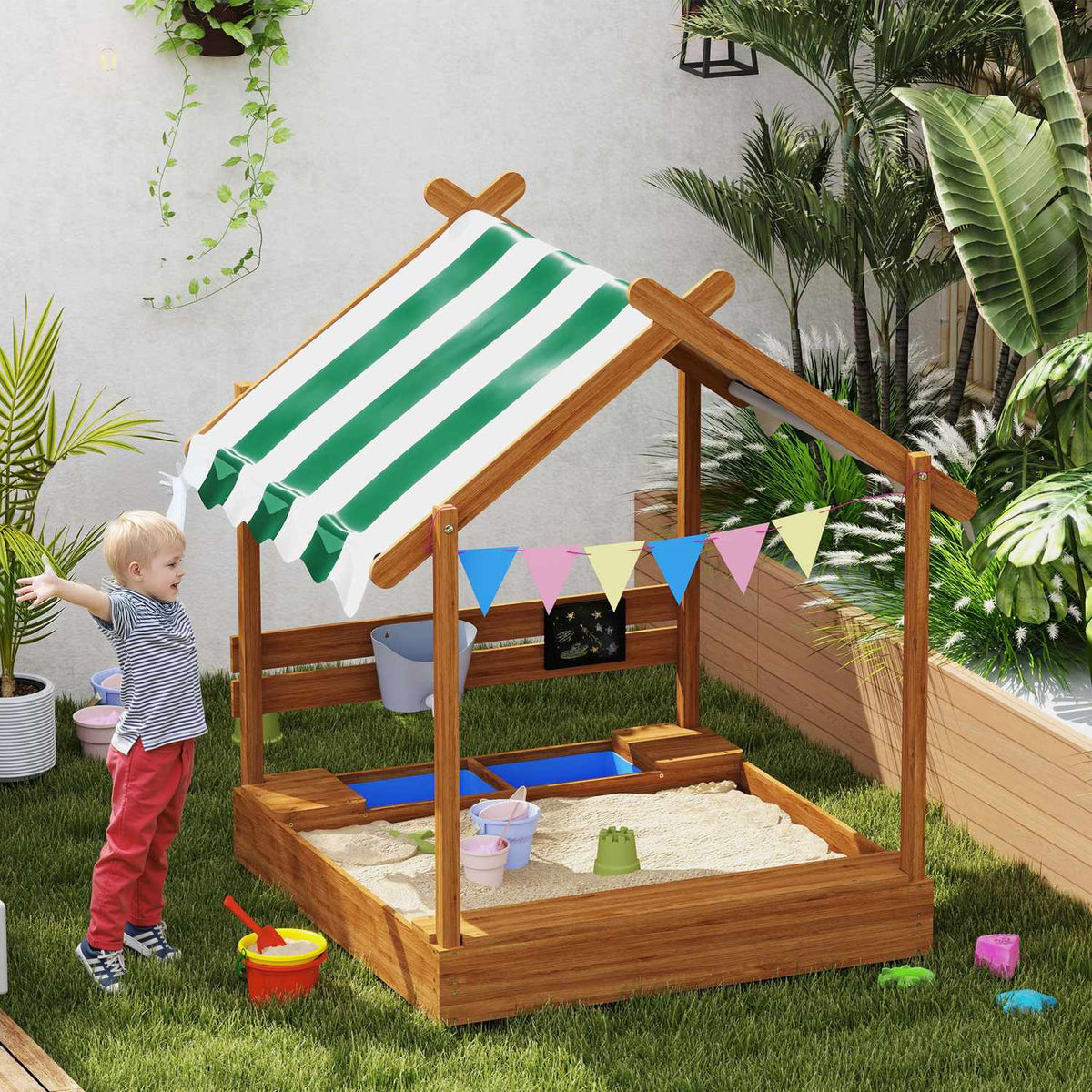 Sandpit with roof, wooden sandpit with seat, playhouse, 124 x 116 x 146 cm sandbox with board for 3-7 years children, garden, orange