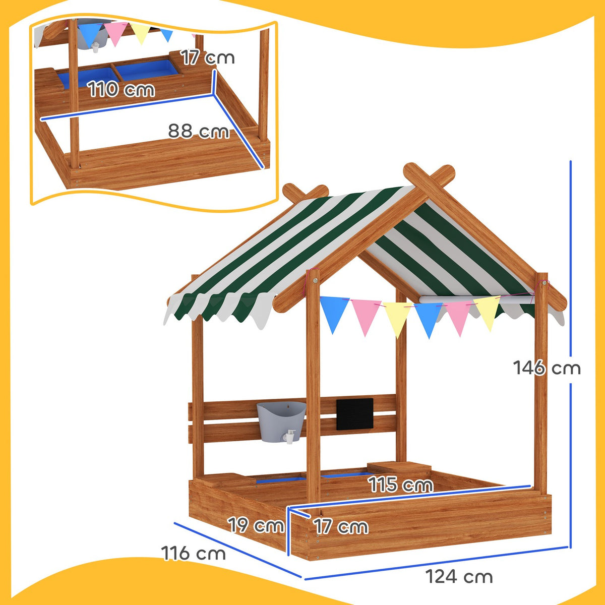 Sandpit with roof, wooden sandpit with seat, playhouse, 124 x 116 x 146 cm sandbox with board for 3-7 years children, garden, orange