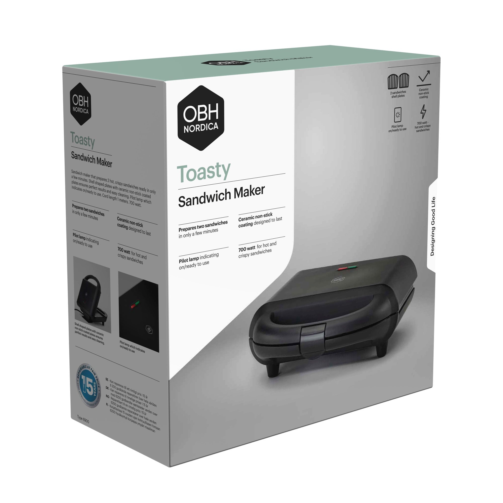 Sandwich Grill, Ceramic Plates, 2-Slice, 700W, Black