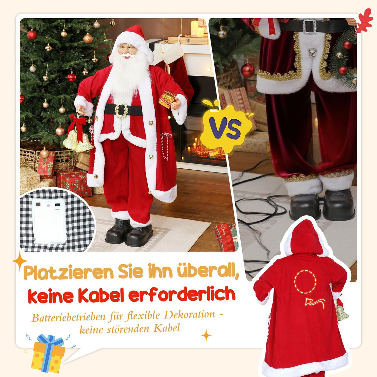 Santa Claus Figure 1.15m with Gift and Bell, Indoor Use