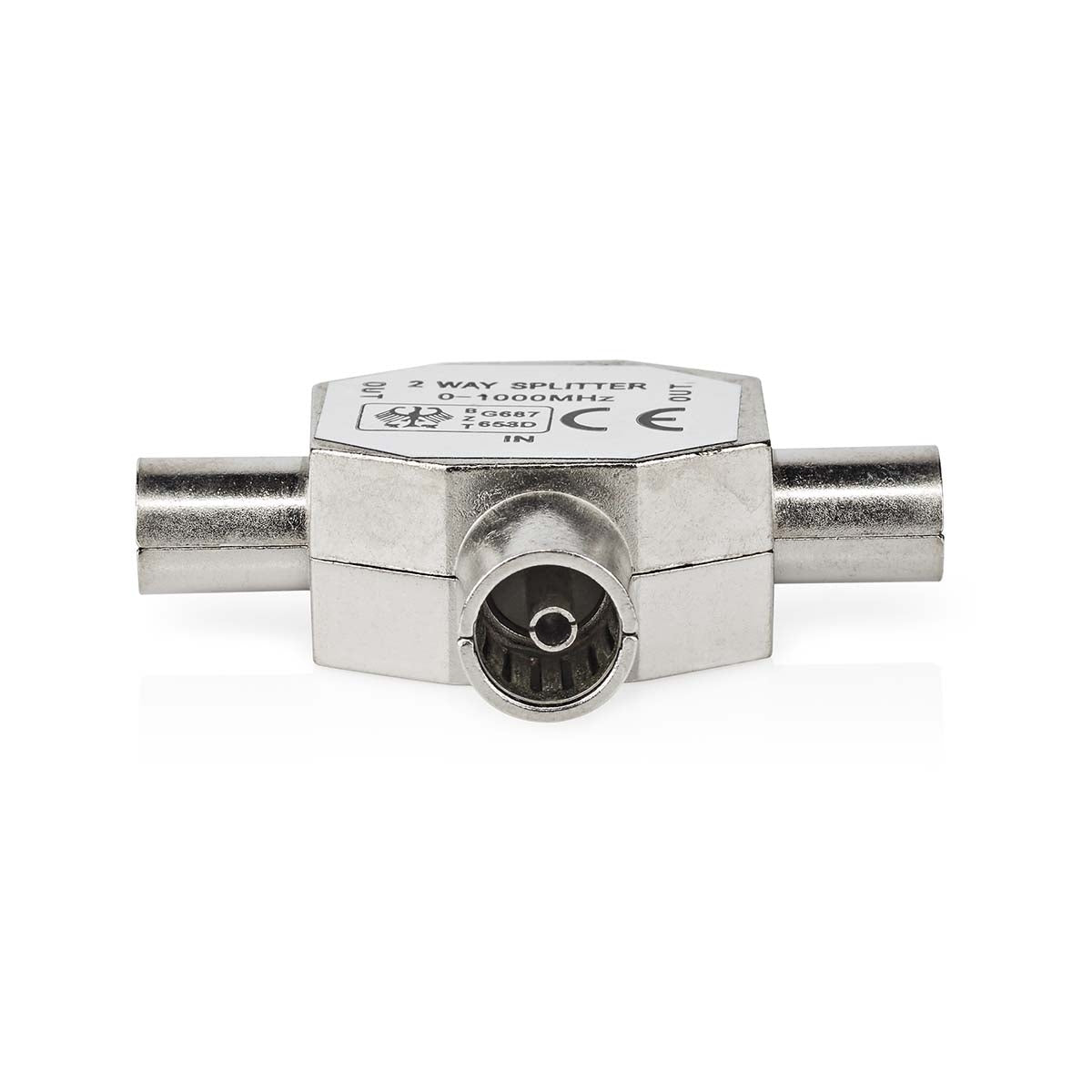 Satellite & Antenna Adapter | 2x Coax Male | IEC (Coax) Female | Nickel Plated | 75 Ohm | T-Splitter | Metal | Silver | 1 pc. | Box