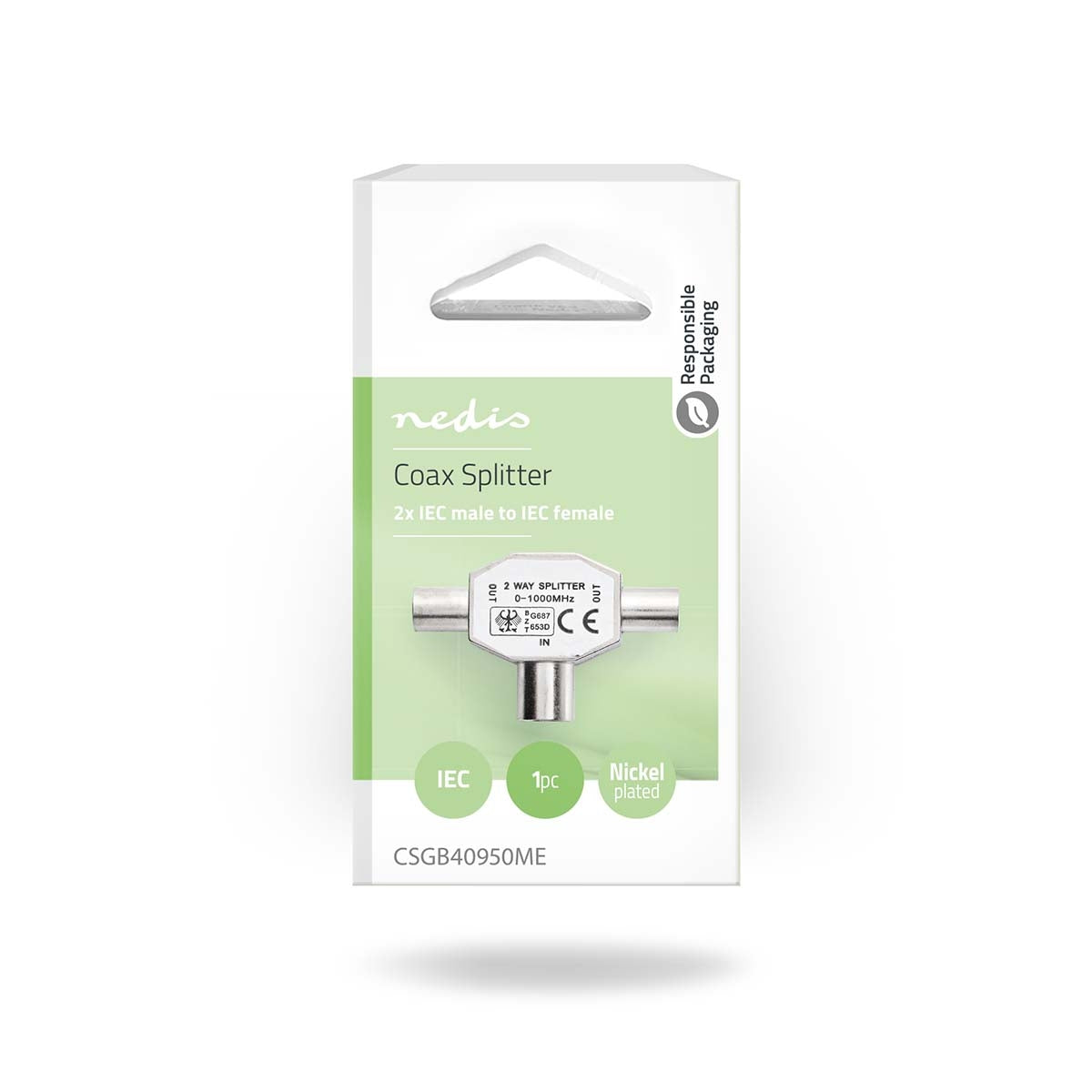 Satellite & Antenna Adapter | 2x Coax Male | IEC (Coax) Female | Nickel Plated | 75 Ohm | T-Splitter | Metal | Silver | 1 pc. | Box