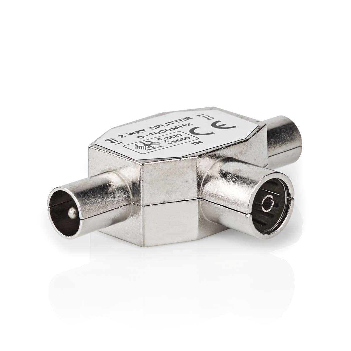 Satellite & Antenna Adapter | 2x Coax Male | IEC (Coax) Female | Nickel Plated | 75 Ohm | T-Splitter | Metal | Silver | 1 pc. | Box