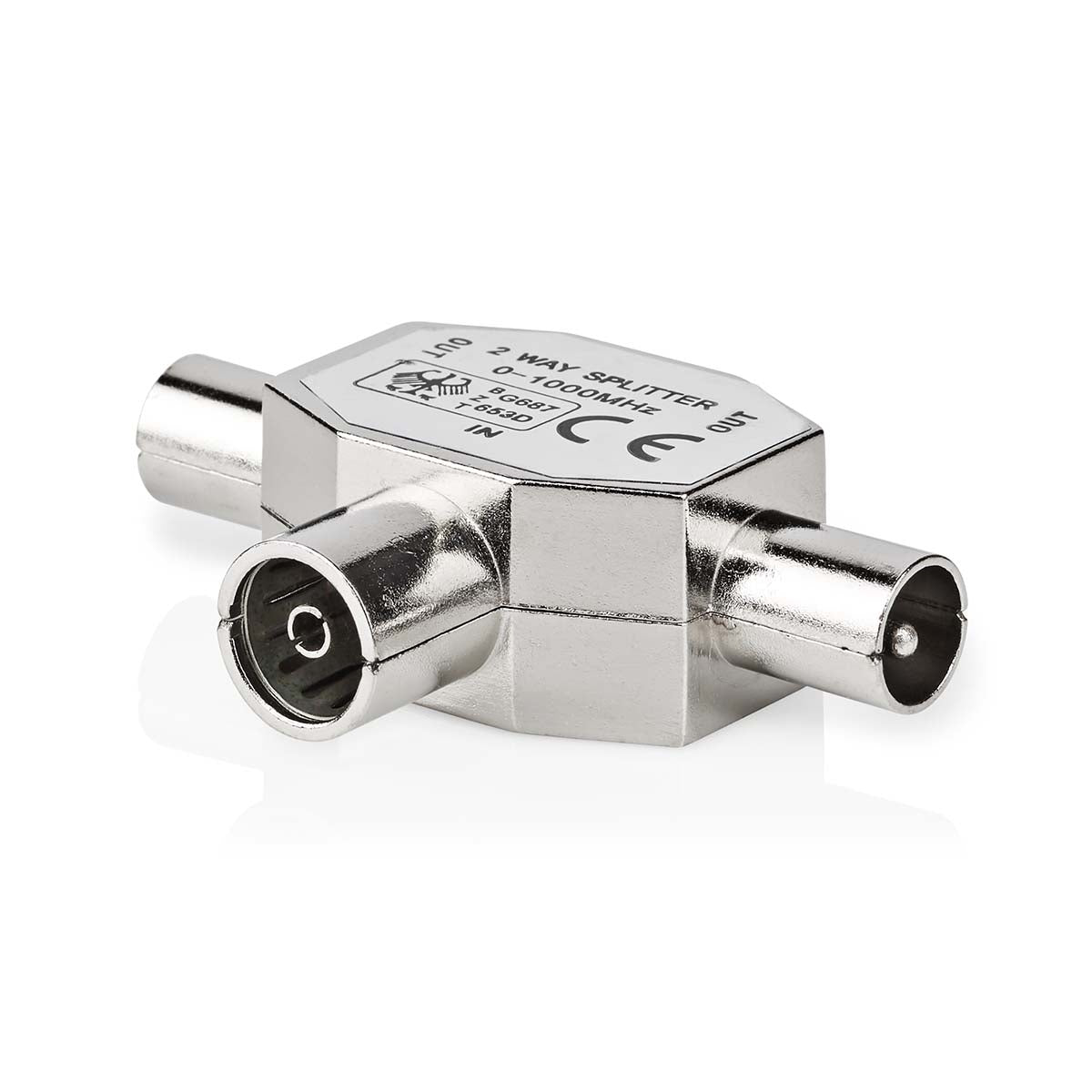 Satellite & Antenna Adapter | 2x Coax Male | IEC (Coax) Female | Nickel Plated | 75 Ohm | T-Splitter | Metal | Silver | 1 pc. | Envelope