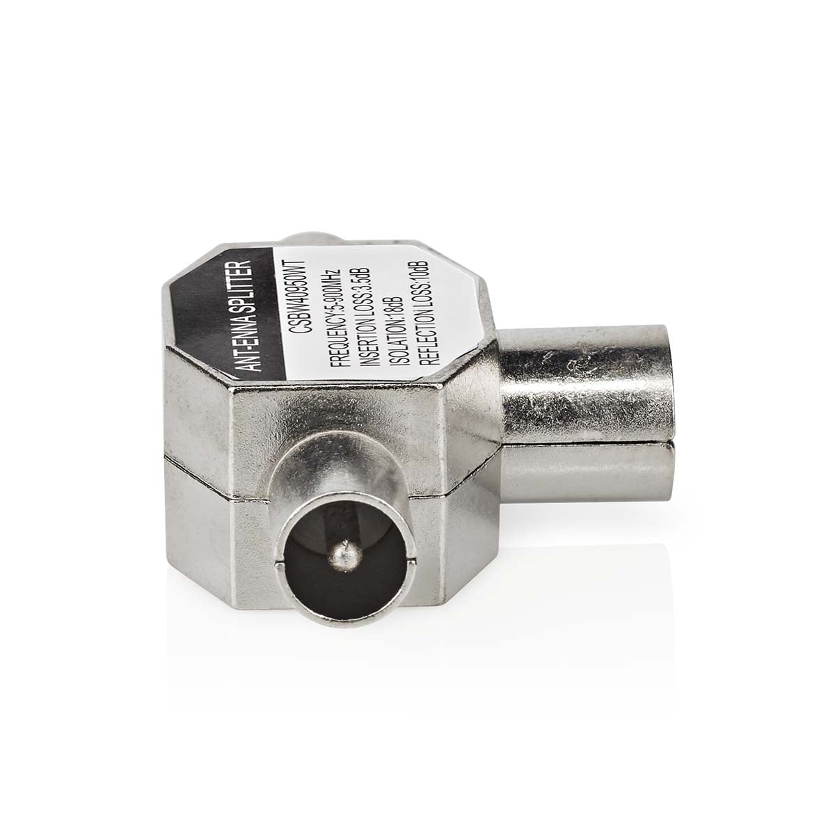 Satellite & Antenna Adapter | 2x Coax Male | IEC (Coax) Female | Nickel Plated | 75 Ohm | T-Splitter | Metal | White | 1 pc. | Box