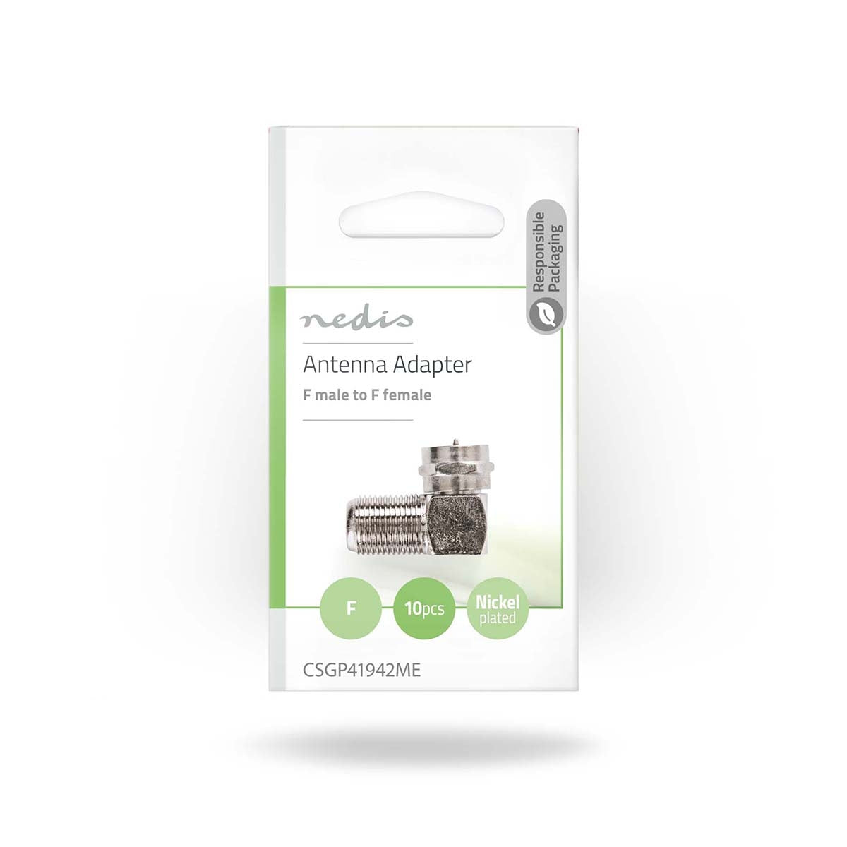 Satellite & Antenna Adapter | F Male | F Female | Nickel plated | 75 Ohm | Angled 90° | Metal | Silver | 10 pieces. | Envelope