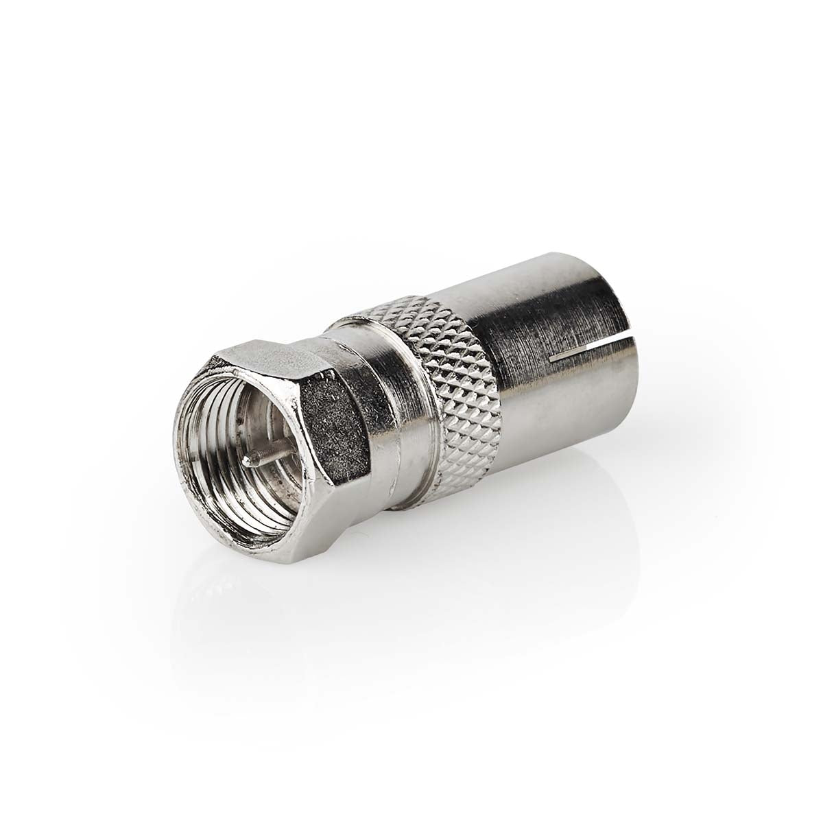 Satellite & Antenna Adapter | F Male | IEC (Coax) Female | Nickel Plated | 75 Ohm | Straight | Metal | Silver | 1 pc. | Box