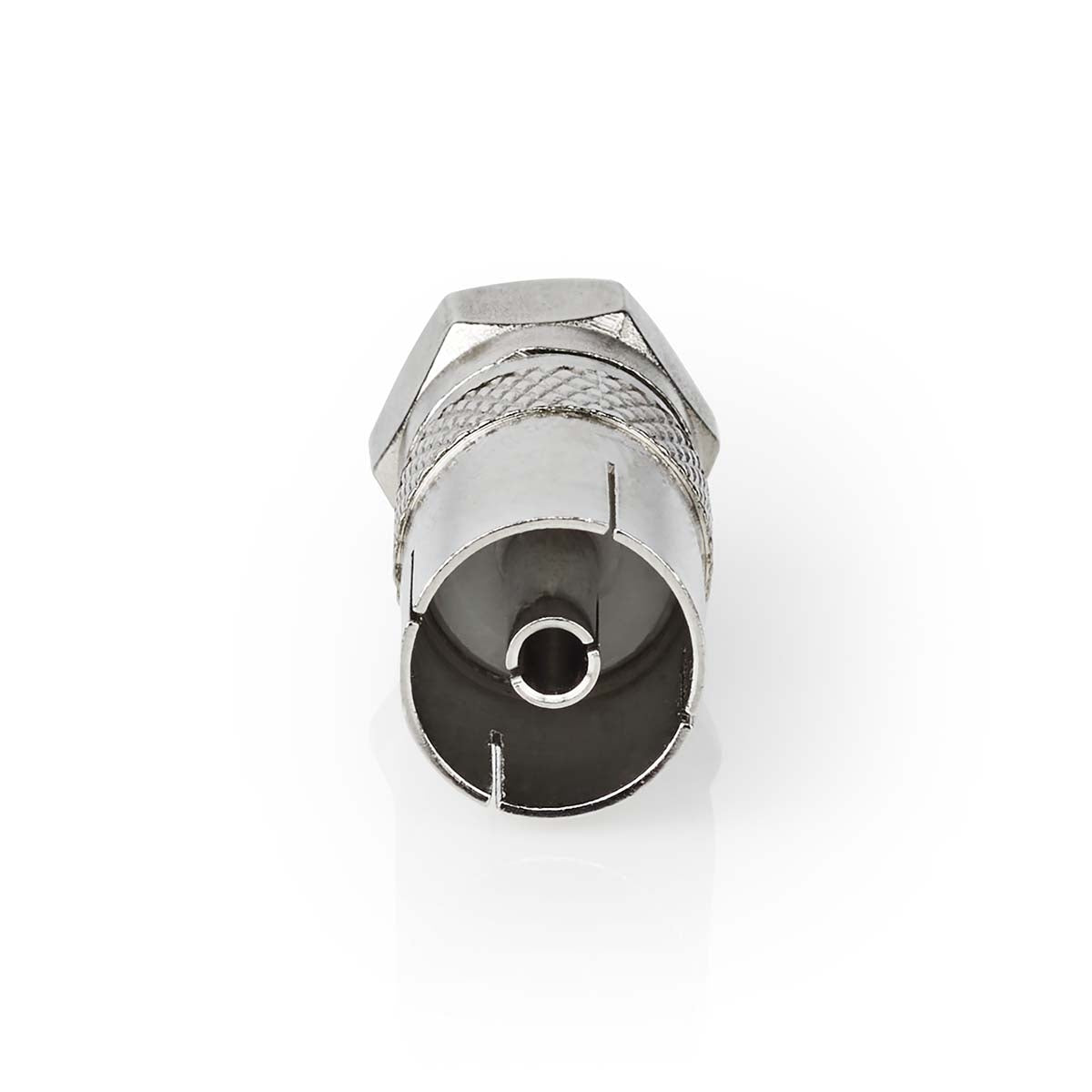 Satellite & Antenna Adapter | F Male | IEC (Coax) Female | Nickel Plated | 75 Ohm | Straight | Metal | Silver | 1 pc. | Box