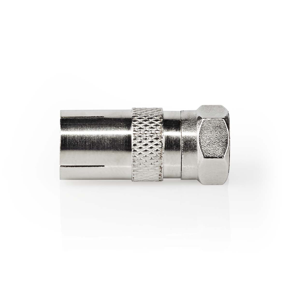 Satellite & Antenna Adapter | F Male | IEC (Coax) Female | Nickel Plated | 75 Ohm | Straight | Metal | Silver | 1 pc. | Box