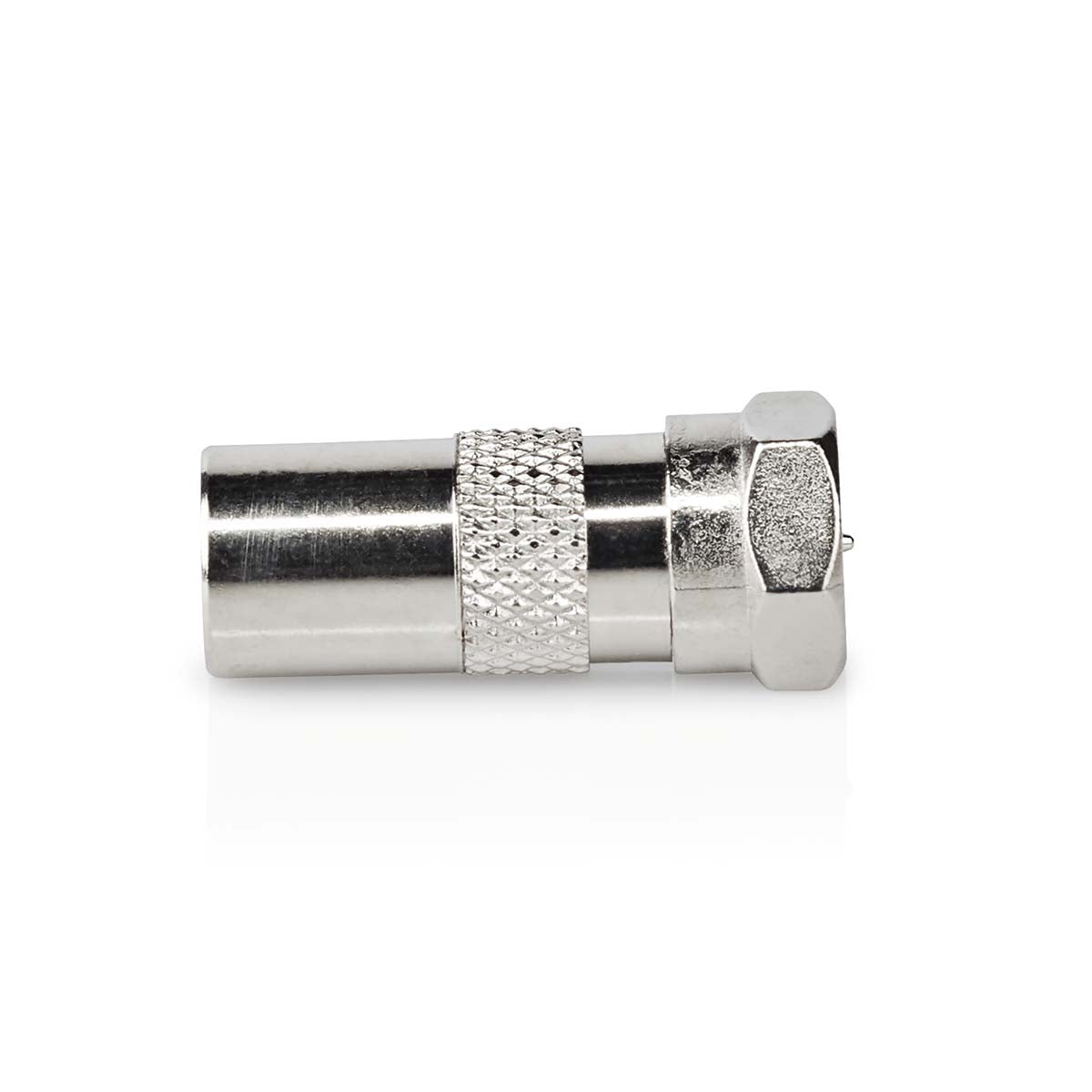 Satellite & Antenna Adapter | F Male | IEC (Coax) Male | Nickel Plated | 75 Ohm | Straight | Metal | Silver | 1 pc. | Cardboard box with window