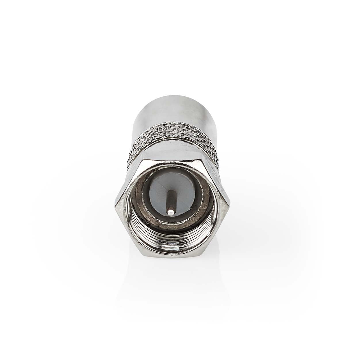 Satellite & Antenna Adapter | F Male | IEC (Coax) Male | Nickel Plated | 75 Ohm | Straight | Metal | Silver | 1 pc. | Cardboard box with window