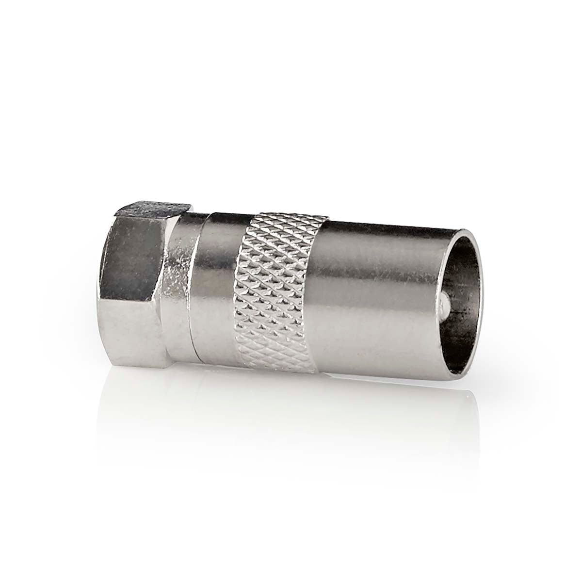 Satellite & Antenna Adapter | F Male | IEC (Coax) Male | Nickel Plated | 75 Ohm | Straight | Metal | Silver | 1 pc. | Cardboard box with window