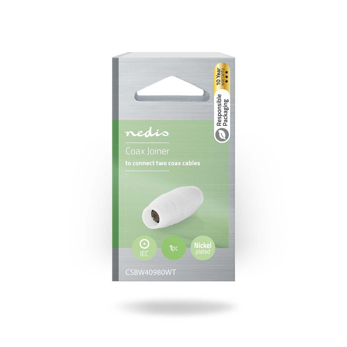 Satellite & Antenna Adapter | IEC (Coax) Female | IEC (Coax) Female | Nickel Plated | 75 Ohm | Straight | Plastic | White | 1 pc. | Window Box with Euro Lock