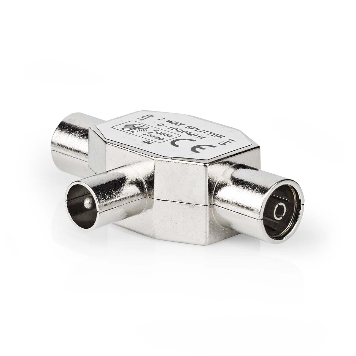 Satellite & Antenna Adapter | IEC (Coax) Male | 2x Coax Female | Nickel Plated | 75 Ohm | T-Splitter | Metal | Silver | 1 pc. | Box