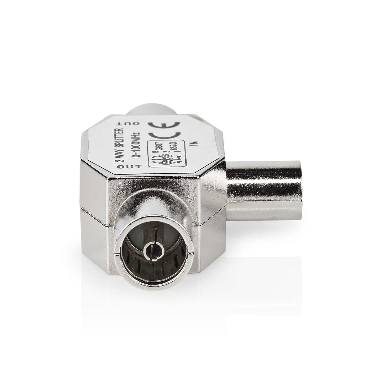 Satellite & Antenna Adapter | IEC (Coax) Male | 2x Coax Female | Nickel Plated | 75 Ohm | T-Splitter | Metal | Silver | 1 pc. | Box