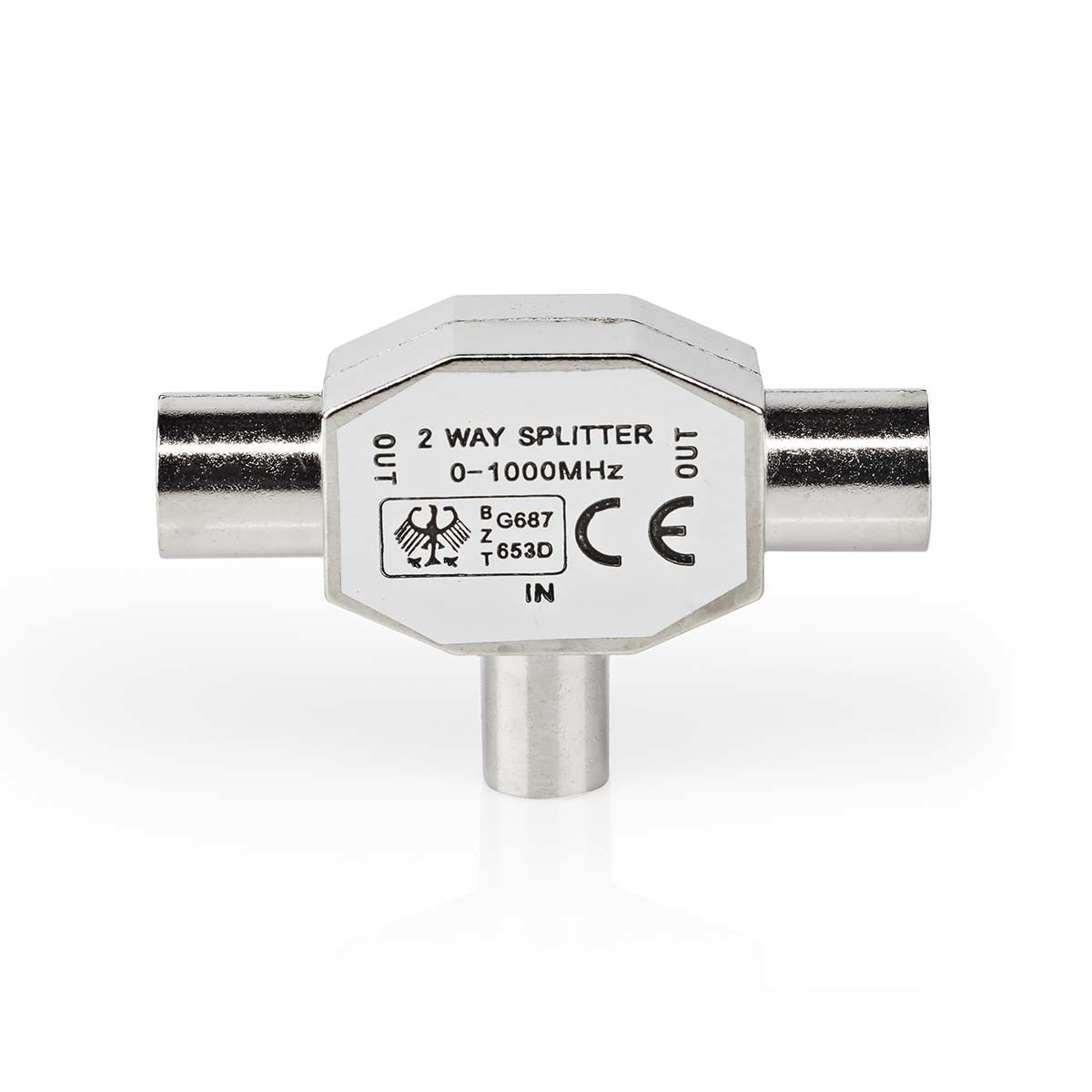 Satellite & Antenna Adapter | IEC (Coax) Male | 2x Coax Female | Nickel Plated | 75 Ohm | T-Splitter | Metal | Silver | 1 pc. | Box