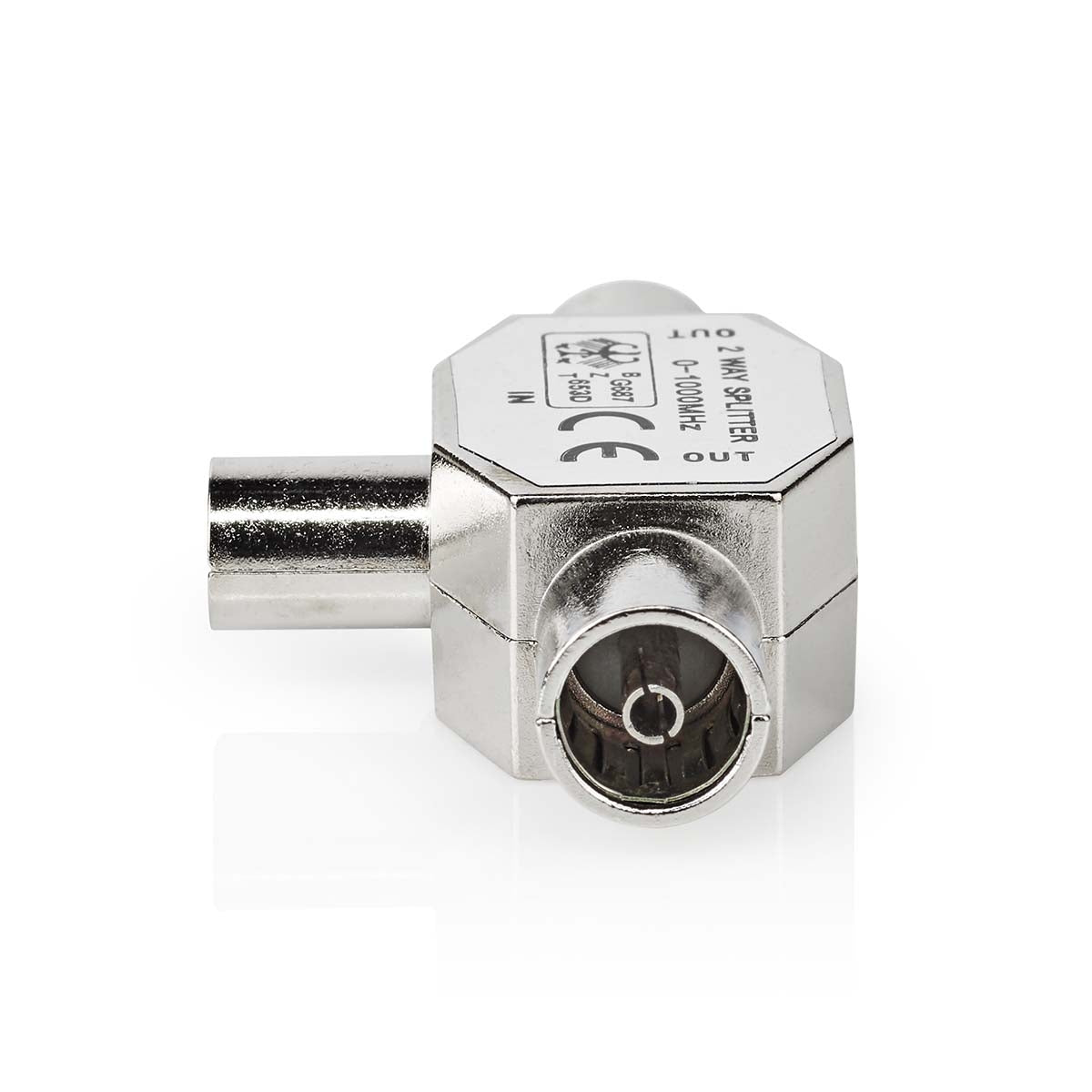 Satellite & Antenna Adapter | IEC (Coax) Male | 2x Coax Female | Nickel Plated | 75 Ohm | T-Splitter | Metal | Silver | 1 pc. | Box
