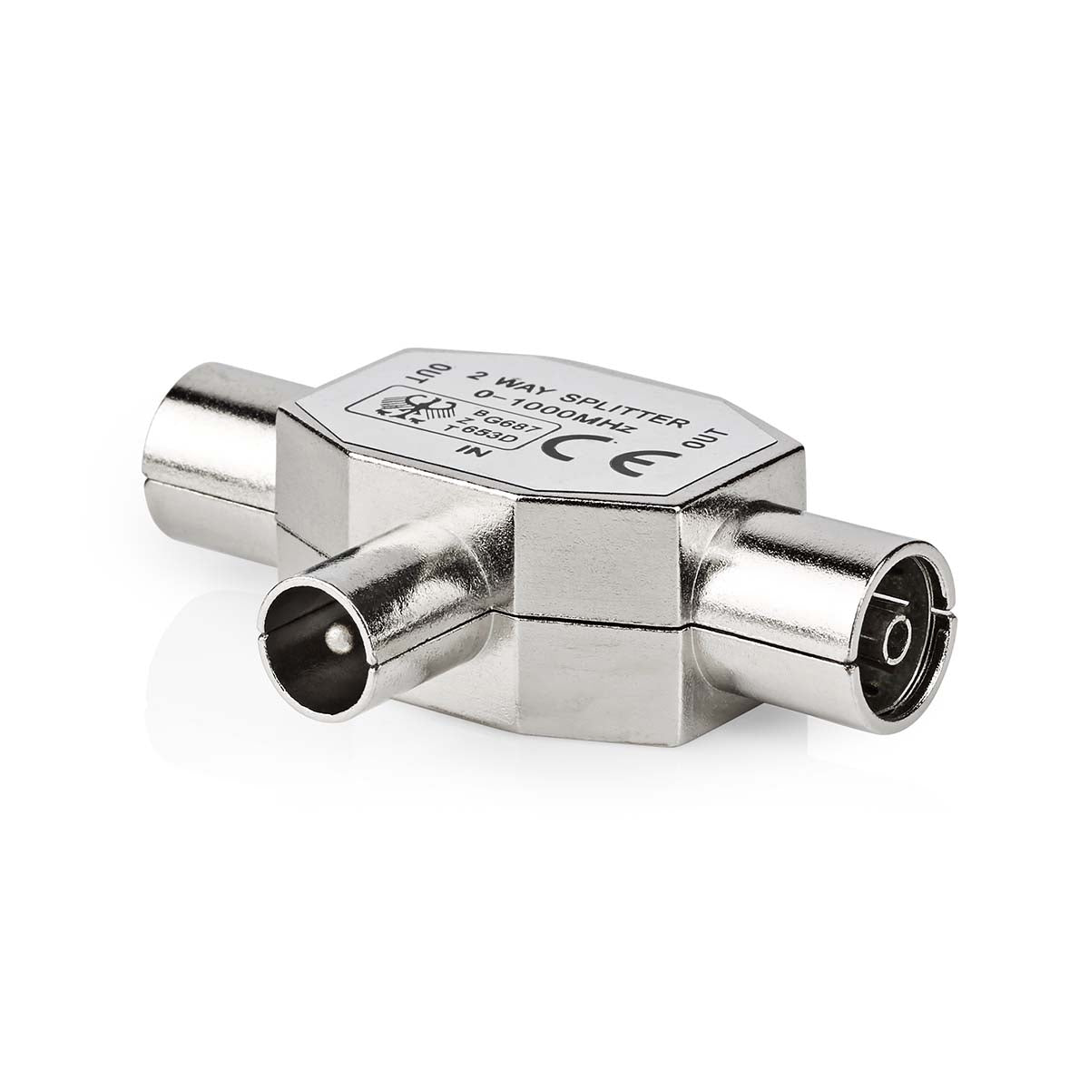 Satellite & Antenna Adapter | IEC (Coax) Male | 2x Coax Female | Nickel Plated | 75 Ohm | T-Splitter | Metal | Silver | 1 pc. | Envelope