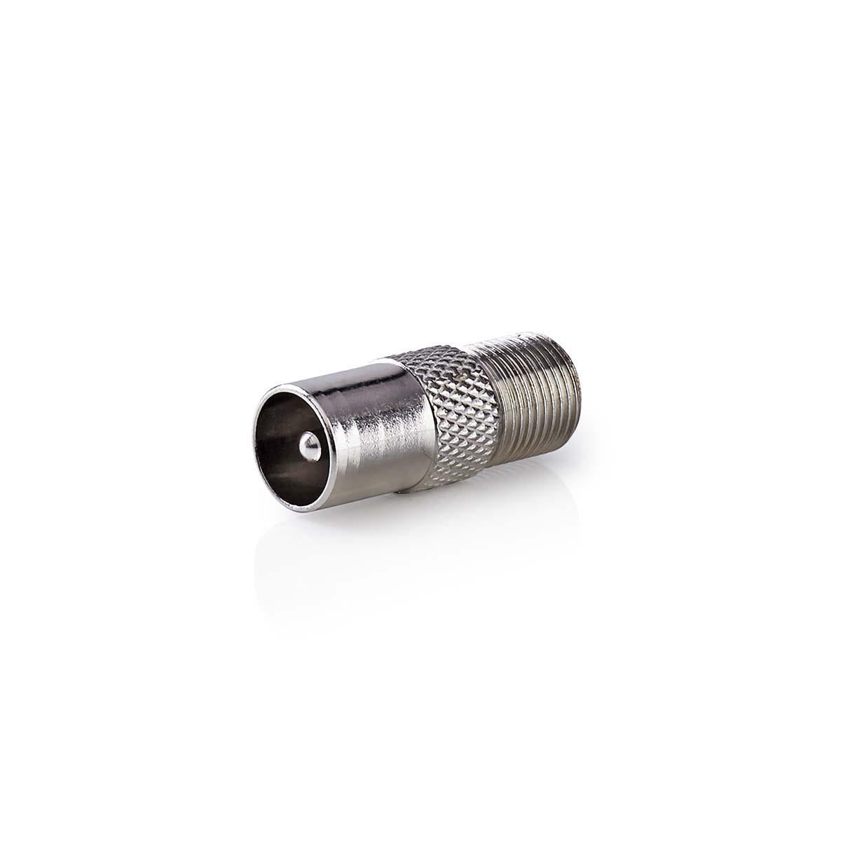Satellite & Antenna Adapter | IEC (Coax) Male | F Female | Nickel Plated | 75 Ohm | Straight | Metal | Silver | 1 pc. | Box