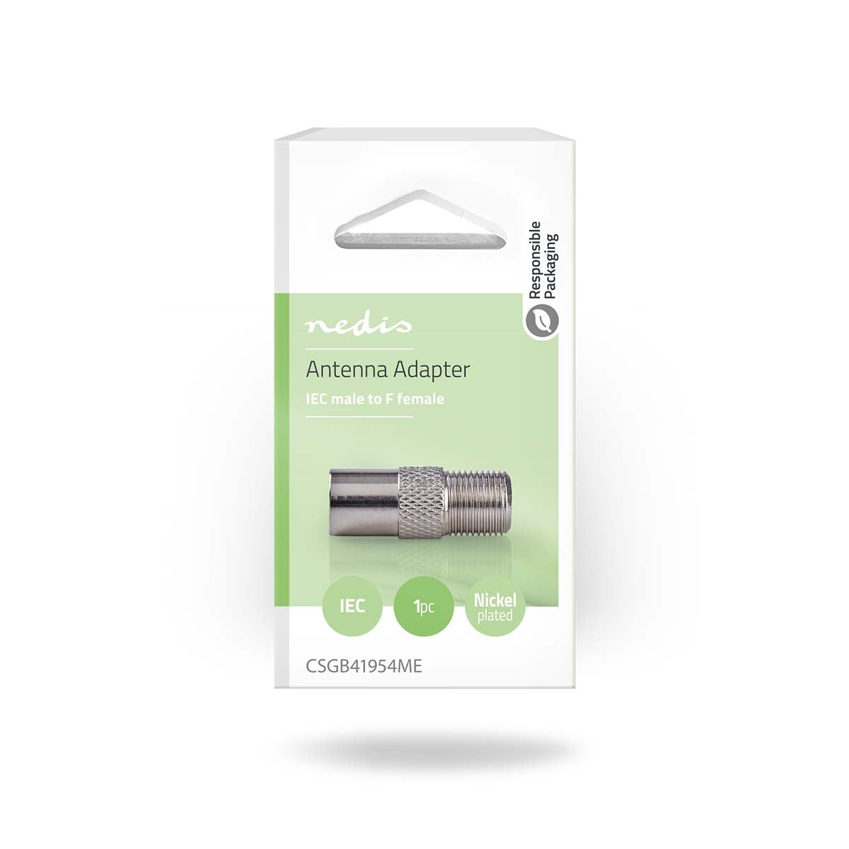 Satellite & Antenna Adapter | IEC (Coax) Male | F Female | Nickel Plated | 75 Ohm | Straight | Metal | Silver | 1 pc. | Box