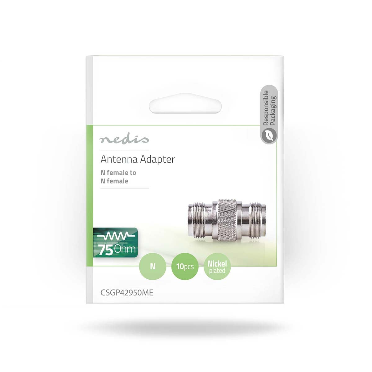 Satellite & Antenna Adapter | N Female | N Female | Nickel Plated | 75 Ohm | Straight | Metal | Silver | 10 pieces. | Envelope
