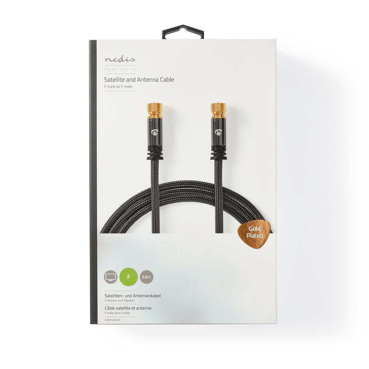 Satellite & Antenna cable | F Male | F Male | Gold Plated | 75 Ohm | Four Protections | 5.00 m | Round | Cotton | Gray / Gray With Metal | Carton with covered window