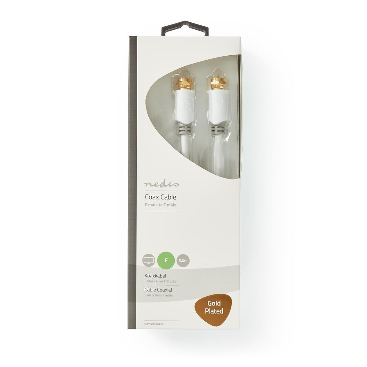 Satellite & Antenna cable | F Male | F Male | Gold Plated | 75 Ohm | Single shell protection | 3.00 m | Round | PVC | White | Cardboard box with window